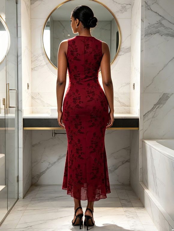 Cocktail Party Couple Outfit Solid Color Flocked Flower Mesh Plunging Neck Bodycon Midi Dress and Laper Collar Suit Set - Rouge Vineux S | US 4