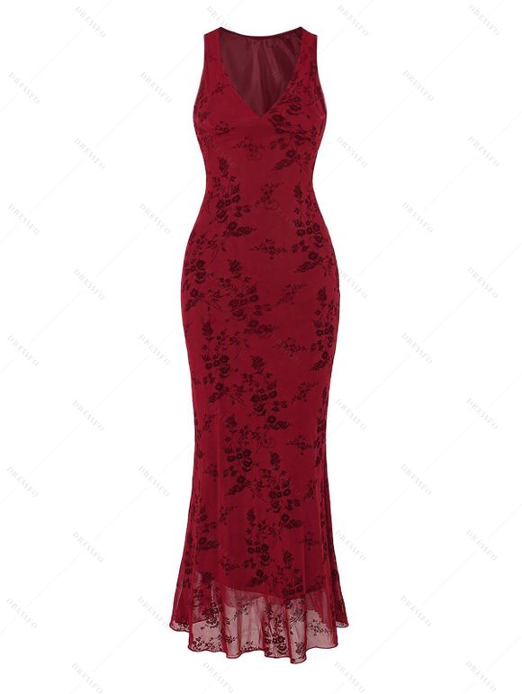 Cocktail Party Couple Outfit Solid Color Flocked Flower Mesh Plunging Neck Bodycon Midi Dress and Laper Collar Suit Set - Rouge Vineux S | US 4