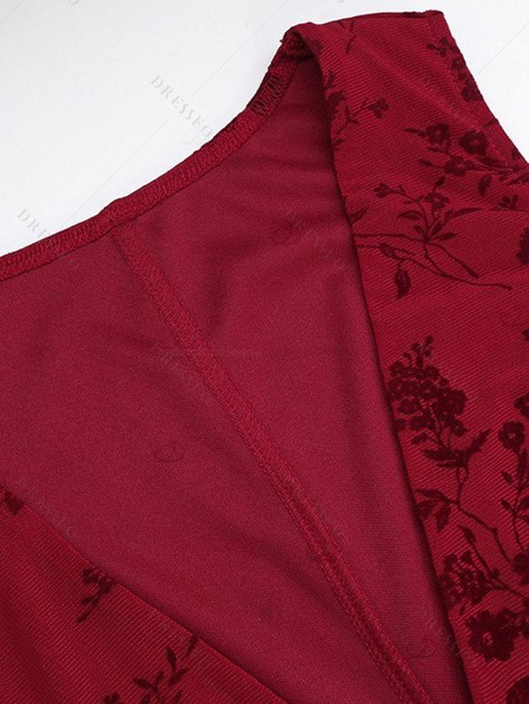 Cocktail Party Couple Outfit Solid Color Flocked Flower Mesh Plunging Neck Bodycon Midi Dress and Laper Collar Suit Set - Rouge Vineux S | US 4