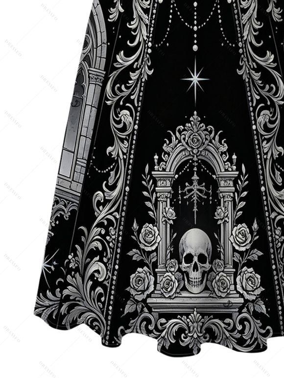 Gothic Dress Skeleton Skull Rose Church Cathedral Pattern Pocket Square Neck A Line Dress - Noir XXL | US 14