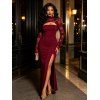 Party Dress Floral Lace Panel Cut Out Long Sleeve Slim Slit Bodycon Dress - RED WINE L | US 8-10