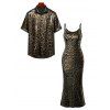 Vintage Vacation Couple Outfit Leopard Print Spaghetti Strap Maxi Bodydon Dress and Shirt Set - Rouge Vineux S | US 4