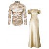Elegant Party Couple Outfit Off the Shoulder Ruched Solid Color Bodycon Dress and Long Sleeve Shirt Set - Champagne S | US 4