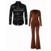 Party Couple Outfit Solid Color Jumpsuit Plunging Neck Ruched Crossover Jumpsuit and Shiny Long Sleeve Shirt Set - Brun S | US 4