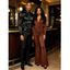 Party Couple Outfit Solid Color Jumpsuit Plunging Neck Ruched Crossover Jumpsuit and Shiny Long Sleeve Shirt Set - Brun S | US 4