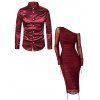 Party Couple Outfit See Thru Mesh Panel Sleeve Skew Neck Cinched Ruched Bodycon Dress and Satin Long Sleeve Shirt Set - Rouge Vineux S | US 4