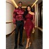 Party Couple Outfit See Thru Mesh Panel Sleeve Skew Neck Cinched Ruched Bodycon Dress and Satin Long Sleeve Shirt Set - Rouge Vineux S | US 4