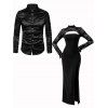 Party Couple Outfit Floral Lace Panel Cut Out Slim Slit Bodycon Dress and Shiny Long Sleeve Shirt Set - Noir S | US 4