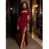 Party Couple Outfit Floral Lace Panel Cut Out Slim Slit Bodycon Dress and Shiny Long Sleeve Shirt Set - Rouge Vineux S | US 4