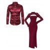 Party Couple Outfit Floral Lace Panel Cut Out Slim Slit Bodycon Dress and Shiny Long Sleeve Shirt Set - Rouge Vineux S | US 4