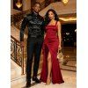 Elegant Party Couple Outfit Solid Color Square Neck Satin Panel Bodycon Maxi Dress and Shiny Long Sleeve Shirt Set - Rouge Vineux S | US 4