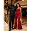 Elegant Party Couple Outfit Solid Color Square Neck Satin Panel Bodycon Maxi Dress and Shiny Long Sleeve Shirt Set - Rouge Vineux S | US 4