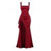 Elegant Party Couple Outfit Solid Color Square Neck Satin Panel Bodycon Maxi Dress and Shiny Long Sleeve Shirt Set - Rouge Vineux S | US 4