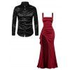 Elegant Party Couple Outfit Solid Color Square Neck Satin Panel Bodycon Maxi Dress and Shiny Long Sleeve Shirt Set - Rouge Vineux S | US 4