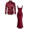 Elegant Party Couple Outfit Solid Color High Slit Square Neck Maxi Dress and Shiny Long Sleeve Shirt Set - Rouge Vineux S | US 4