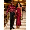Elegant Party Couple Outfit Solid Color High Slit Square Neck Maxi Dress and Shiny Long Sleeve Shirt Set - Rouge Vineux S | US 4