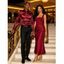 Elegant Party Couple Outfit Solid Color High Slit Square Neck Maxi Dress and Shiny Long Sleeve Shirt Set - Rouge Vineux S | US 4