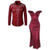 Burgundy Evening Couple Outfit Solid Color Ruched Off the Shoulder High Slit Satin Dress and Embroidered Shirt Set - Rouge Vineux S | US 4