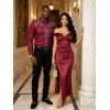 Burgundy Evening Couple Outfit Solid Color Ruched Off the Shoulder High Slit Satin Dress and Embroidered Shirt Set - Rouge Vineux S | US 4