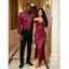 Burgundy Evening Couple Outfit Solid Color Ruched Off the Shoulder High Slit Satin Dress and Embroidered Shirt Set - Rouge Vineux S | US 4