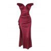 Burgundy Evening Couple Outfit Solid Color Ruched Off the Shoulder High Slit Satin Dress and Embroidered Shirt Set - Rouge Vineux S | US 4