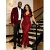 Cocktail Party Couple Outfit Solid Color Flocked Flower Mesh Plunging Neck Bodycon Midi Dress and Laper Collar Suit Set - Rouge Vineux S | US 4