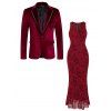 Cocktail Party Couple Outfit Solid Color Flocked Flower Mesh Plunging Neck Bodycon Midi Dress and Laper Collar Suit Set - Rouge Vineux S | US 4