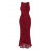 Cocktail Party Couple Outfit Solid Color Flocked Flower Mesh Plunging Neck Bodycon Midi Dress and Laper Collar Suit Set - Rouge Vineux S | US 4