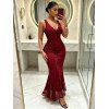 Cocktail Party Couple Outfit Solid Color Flocked Flower Mesh Plunging Neck Bodycon Midi Dress and Laper Collar Suit Set - Rouge Vineux S | US 4