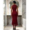 Cocktail Party Couple Outfit Solid Color Flocked Flower Mesh Plunging Neck Bodycon Midi Dress and Laper Collar Suit Set - Rouge Vineux S | US 4