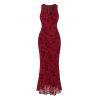 Cocktail Party Couple Outfit Solid Color Flocked Flower Mesh Plunging Neck Bodycon Midi Dress and Laper Collar Suit Set - Rouge Vineux S | US 4