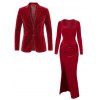 Elegant Party Couple Outfit Twist Ruched Sweetheart Neck Long Sleeve Slit Evening Dress Velvet Suit Set - Rouge S | US 4