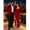 Elegant Party Couple Outfit Twist Ruched Sweetheart Neck Long Sleeve Slit Evening Dress Velvet Suit Set - Rouge S | US 4