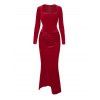 Elegant Party Couple Outfit Twist Ruched Sweetheart Neck Long Sleeve Slit Evening Dress Velvet Suit Set - Rouge S | US 4
