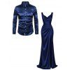 Party Couple Outfit Solid Color Ruched High Slit Bodycon Dress and Satin Shirt Set - Cadetblue S | US 4