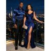 Party Couple Outfit Solid Color Ruched High Slit Bodycon Dress and Satin Shirt Set - Cadetblue S | US 4