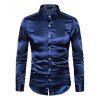 Men's Party Dress Shiny Solid Color Long Sleeve Button Up Satin Shirt - Cadetblue 2XL