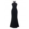 Party Couple Outfit Rhinestone Halter Maxi Dress and Lapel Long Sleeve Velvet Suit Set - Noir S | US 4