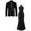 Party Couple Outfit Rhinestone Halter Maxi Dress and Lapel Long Sleeve Velvet Suit Set - Noir S | US 4