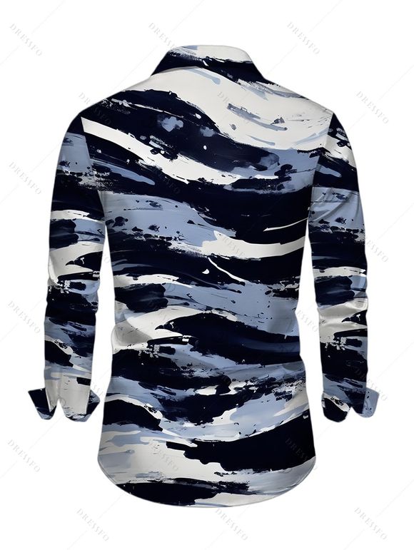 Men's Casual Shirt Artistic Ink Wash Brush Stroke Print Long Sleeve Button Up Shirt - Bleu profond L