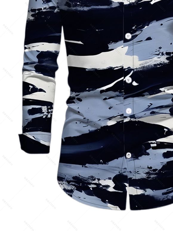 Men's Casual Shirt Artistic Ink Wash Brush Stroke Print Long Sleeve Button Up Shirt - Bleu profond L