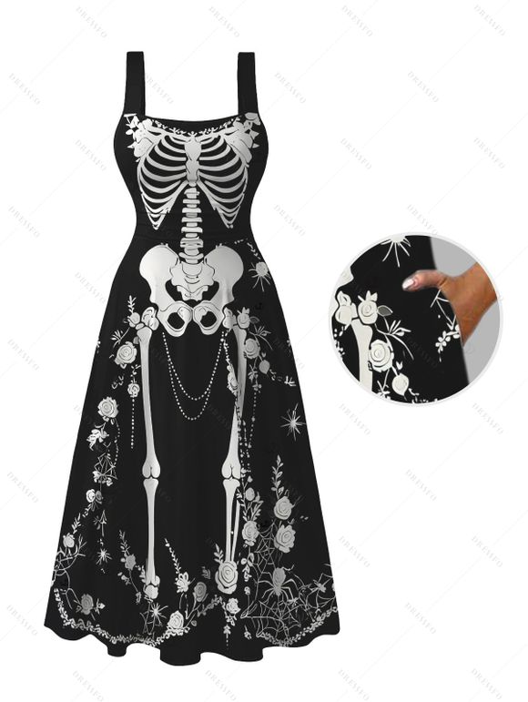 Halloween Gothic Cosplay Party Dress Skeleton Rose Spider Web Print Pocket Square Neck Dress - Noir M | US 6