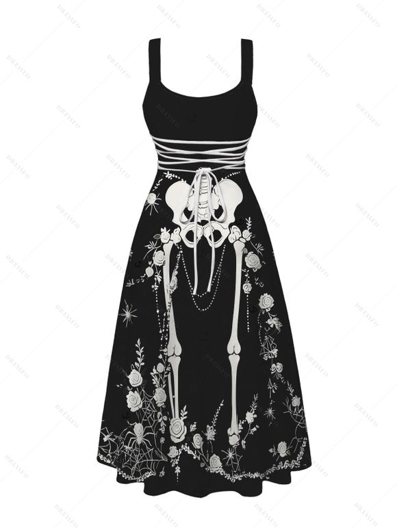 Halloween Gothic Cosplay Party Dress Skeleton Rose Spider Web Print Pocket Square Neck Dress - Noir M | US 6