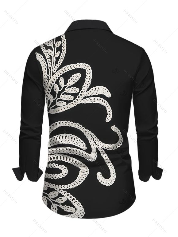 Men's Casual Shirt Vintage Crochet Hollow Out Pattern Long Sleeve Button Up Shirt - Noir S