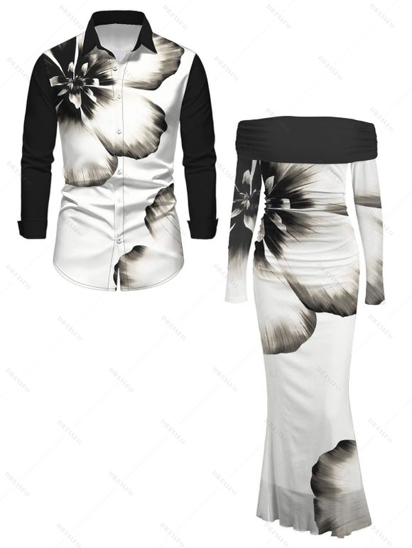 Winter Couple Outfit Ink Panting Floral Print Off the Shoulder Ruched Mesh Panel Bodycon Dress and Long Sleeve Shirt Set - Noir S | US 4