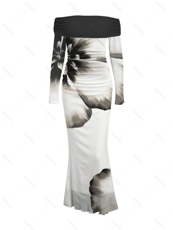 Winter Couple Outfit Ink Panting Floral Print Off the Shoulder Ruched Mesh Panel Bodycon Dress and Long Sleeve Shirt Set - Noir S | US 4