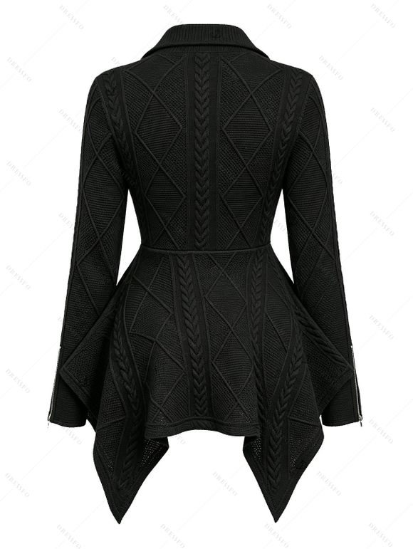 Gothic Coat Geometric Textured Zipper Lapel Collar Asymmetrical Hem Punk Style Coat - Noir M | US 6