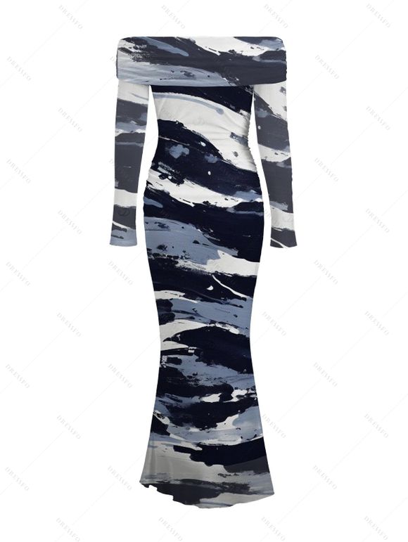 Elegant Party Dress Artistic Ink Wash Brush Stroke Print Off the Shoulder Ruched Mesh Panel Bodycon Dress - Bleu profond M | US 6