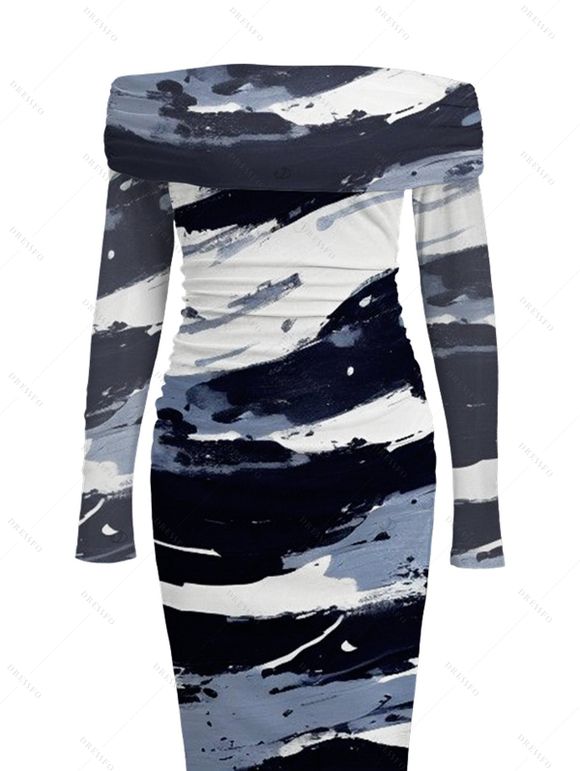 Elegant Party Dress Artistic Ink Wash Brush Stroke Print Off the Shoulder Ruched Mesh Panel Bodycon Dress - Bleu profond M | US 6
