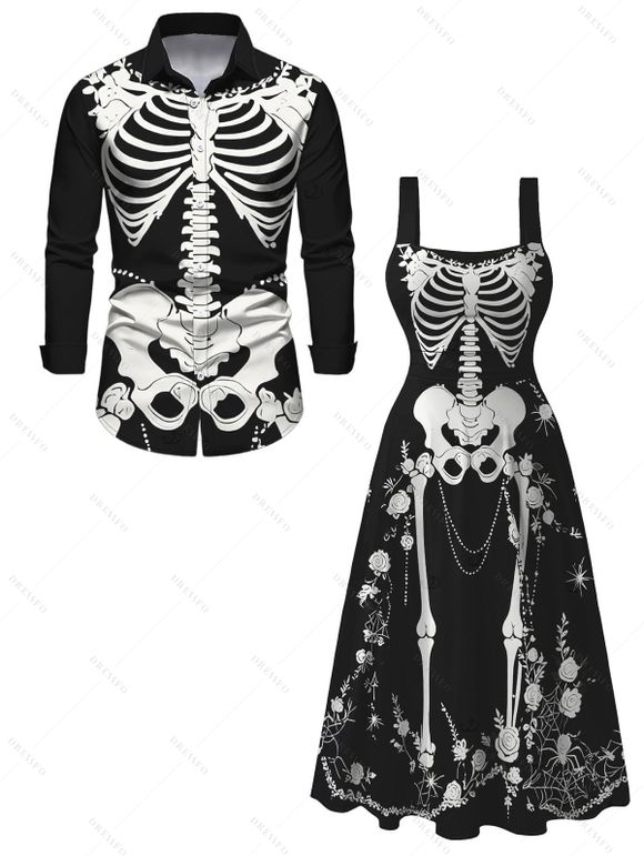Halloween Gothic Couple Outfit Skeleton Rose Spider Web Print Pocket Square Neck Dress and Long Sleeve Shirt Set - Noir S | US 4